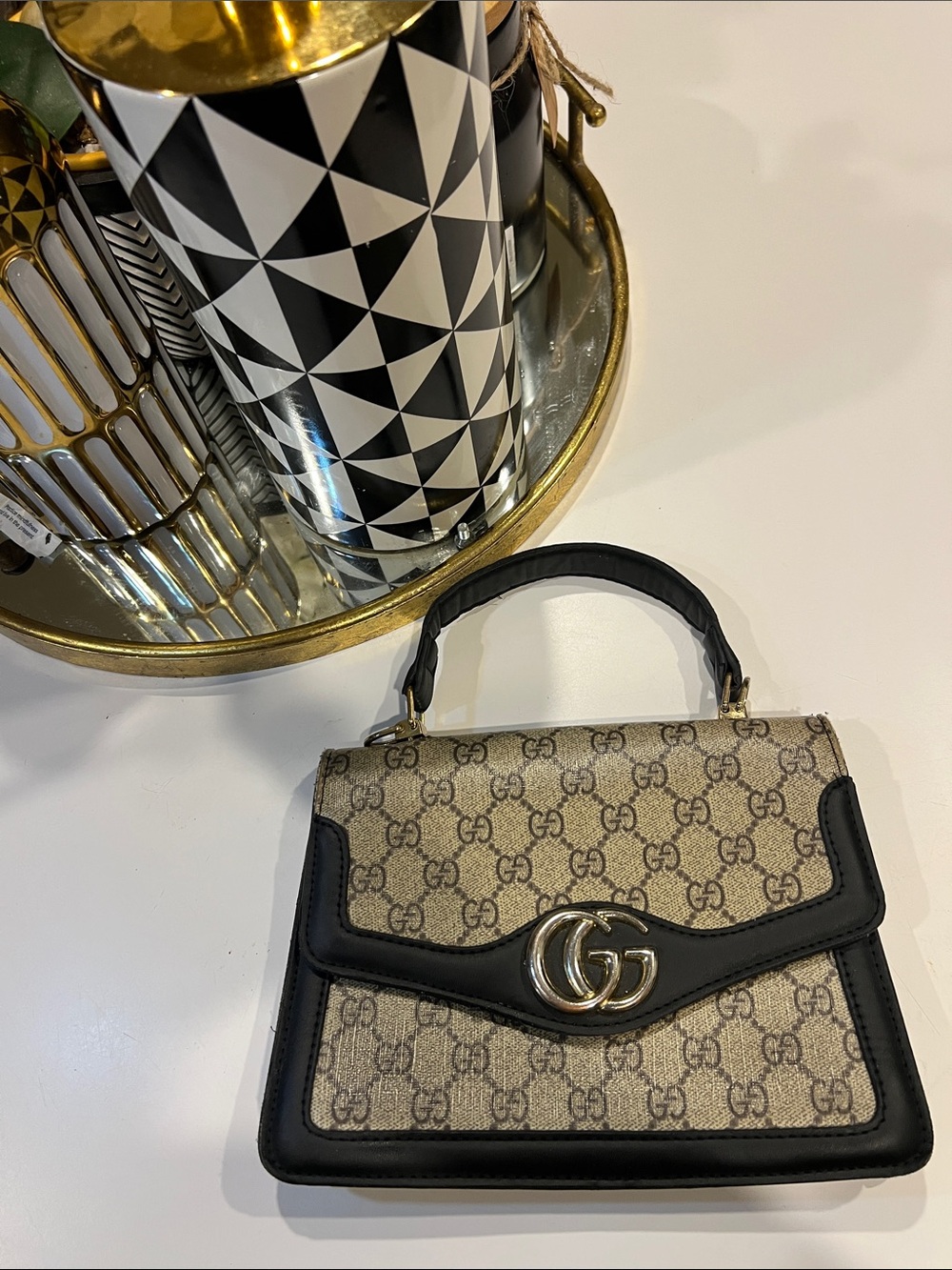 Beige GG Supreme Canvas Top Handle Satchel with Black Trim